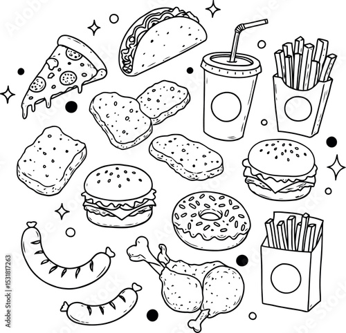 A hand-drawn collection of classic fast food favorites. This black and white line art illustration features pizza, burgers, fries, tacos, chicken nuggets, donuts, and soda in a fun, whimsical doodle.