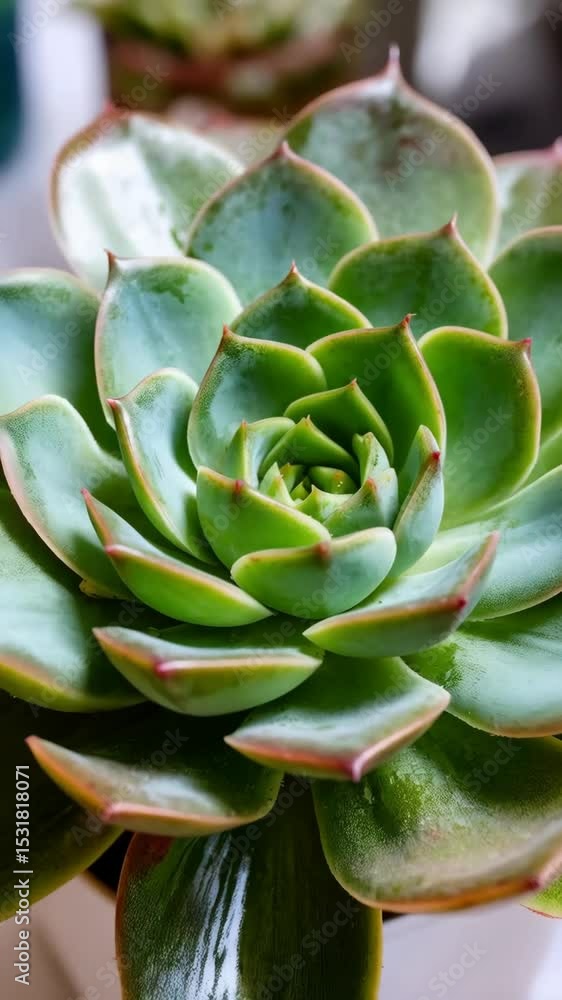 Detailed close-up of a vibrant green Echeveria succulent, showcasing leaf symmetry, texture, and reddish tips in natural daylight. Detailed close-up of a vibrant green Echeveria succulent, showcasing leaf symmetry, texture, and reddish tips in natural daylight.
