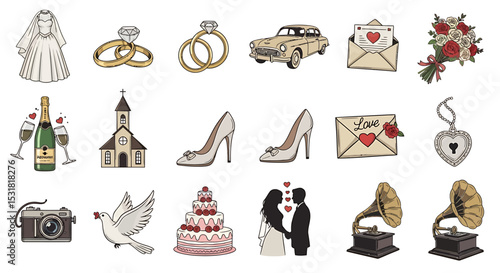 Vector Icons Set of Wedding themed icons dress rings car letters flowers champagne church shoes cake couple camera dove gramophone. Vector Illustrations