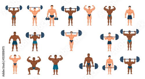 Vector Icons Set of Diverse Bodybuilders Demonstrating Weightlifting Exercises with Barbells and Dumbbells. Vector Illustrations