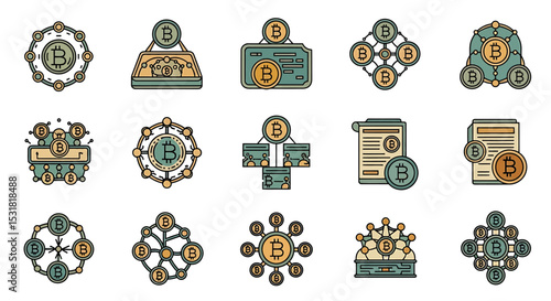 Vector Icons Set of Diverse Bitcoin Network Icons with Various Transactions. Vector Illustrations