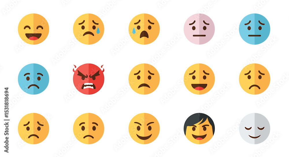 Vector Icons Set of Diverse Collection of Emoji Faces Expressing Various Human Emotions and Feelings. Vector Illustrations Vector Icons Set of Diverse Collection of Emoji Faces Expressing Various Human Emotions and Feelings. Vector Illustrations