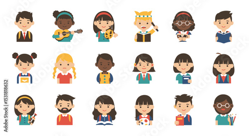 Vector Icons Set of Diverse Childrens Portraits A Collection of Happy Students with Hobbies. Vector Illustrations