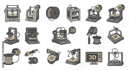 Vector Icons Set of Diverse Collection of 3D Printers and Filament Reels. Vector Illustrations