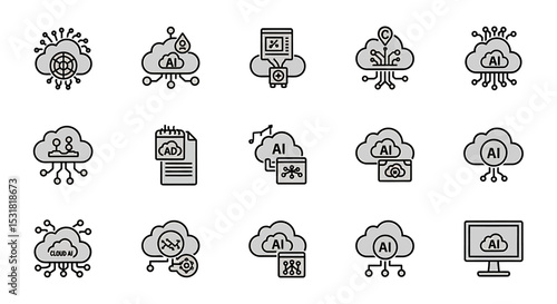 Vector Icons Set of Diverse CloudBased AI Applications and Services. Vector Illustrations