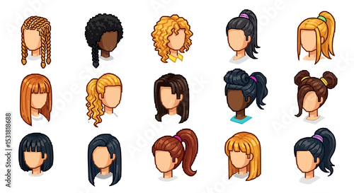 Vector Icons Set of Diverse Collection of Cartoon Female Hairstyles. Vector Illustrations