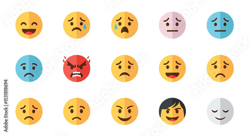 Vector Icons Set of Diverse Collection of Emoji Faces Expressing Various Human Emotions and Feelings. Vector Illustrations