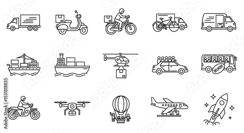 Vector Icons Set of Diverse Delivery Methods Icon Set Line Art Illustrations. Vector Illustrations