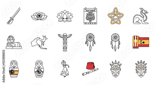 Vector Icons Set of Diverse Cultural Icons and Symbols Representing Global Heritage and Traditions. Vector Illustrations