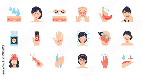 Vector Icons Set of Diverse Dermatological and Medical Conditions Illustrated with Human Figures and Diagrams. Vector Illustrations