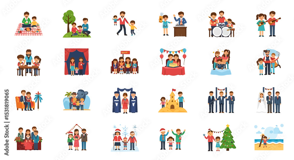 Vector Icons Set of Diverse Family Moments Illustrated Scenes of Life Love and Togetherness. Vector Illustrations Vector Icons Set of Diverse Family Moments Illustrated Scenes of Life Love and Togetherness. Vector Illustrations