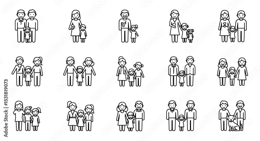Fototapeta premium Vector Icons Set of Diverse family icons parents children and a dog in simple black outline. Vector Illustrations