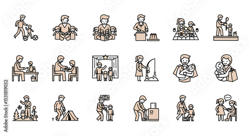 Vector Icons Set of Diverse Family Activities Illustrated in Simple Line Art. Vector Illustrations
