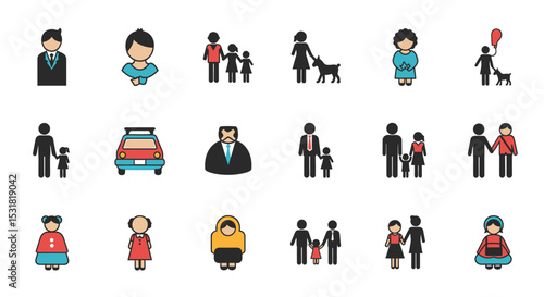 Vector Icons Set of Diverse family and individual icons featuring various relationships and demographics. Vector Illustrations
