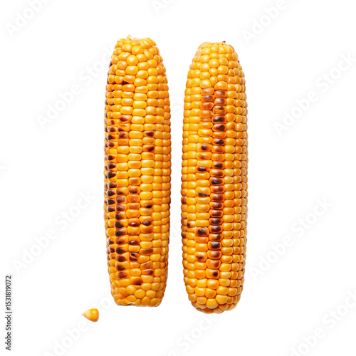 Grilled corn on the cob isolated, and a set of fresh fruit collections