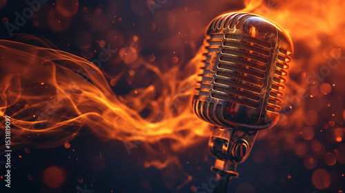 Retro Microphone with Fiery Background