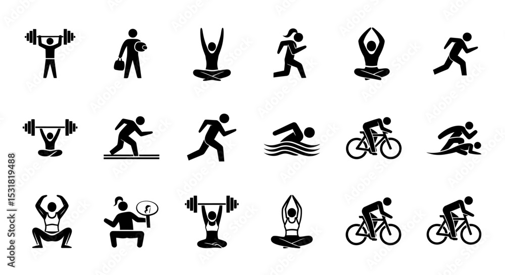 Naklejka premium Vector Icons Set of Diverse Fitness Icons Depicting Various Exercises and Healthy Lifestyle Activities. Vector Illustrations