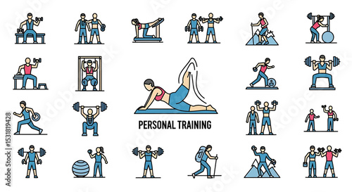 Vector Icons Set of Diverse Fitness Activities for Personal Training Sessions. Vector Illustrations