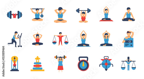 Vector Icons Set of Diverse Fitness and Wellbeing Activities Illustrated. Vector Illustrations