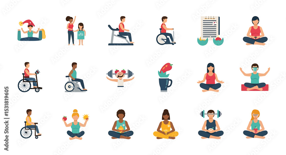 Fototapeta premium Vector Icons Set of Diverse health and wellness icons featuring fitness nutrition and mindfulness practices. Vector Illustrations