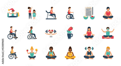 Vector Icons Set of Diverse health and wellness icons featuring fitness nutrition and mindfulness practices. Vector Illustrations