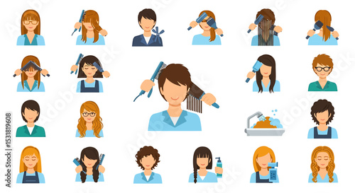 Vector Icons Set of Diverse Hairstyling Icons Cutting Combing Washing and Styling Hair. Vector Illustrations