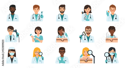 Vector Icons Set of Diverse Medical Professionals Demonstrating Various Skin Procedures. Vector Illustrations