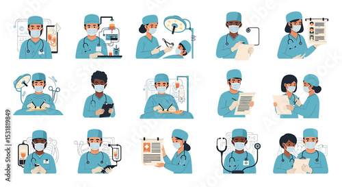 Vector Icons Set of Diverse Medical Professionals Performing Various Tasks in a Modern Healthcare Setting. Vector Illustrations