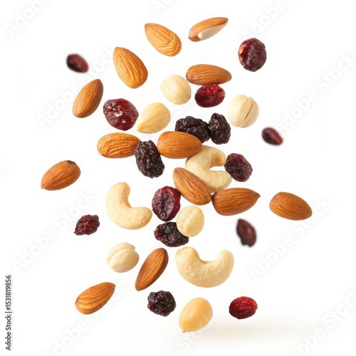 Delicious trail mix of almonds cashews cranberries and raisins falling on white background