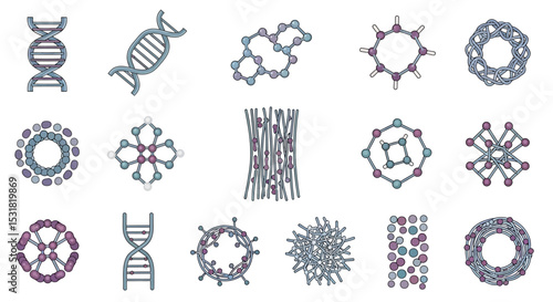 Vector Icons Set of Diverse Molecular Structures in a Colorful Display. Vector Illustrations