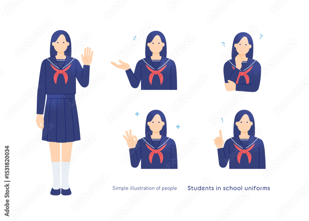 Fototapeta premium 制服を着たかわいい高校生、中学生のイラスト OK、考える、指差しポーズをする女の子のベクターイラスト