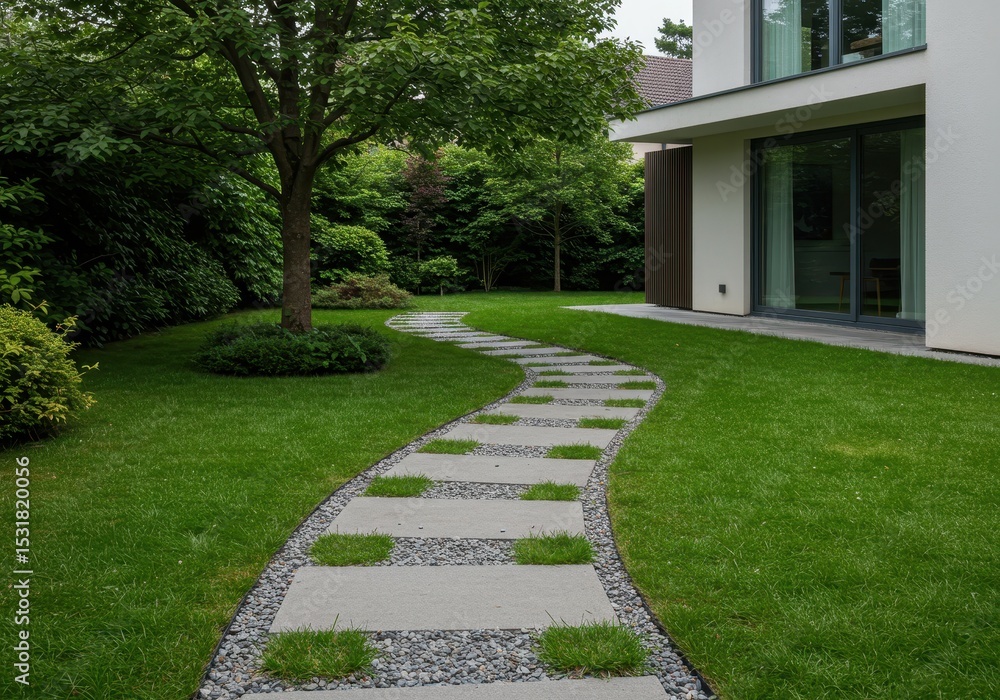 A winding stone path meanders through a lush green lawn toward a modern house A winding stone path meanders through a lush green lawn toward a modern house