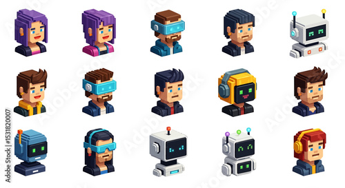 Vector Icons Set of Diverse Pixelated Avatars with VR Headsets and Robots in Isometric Style. Vector Illustrations