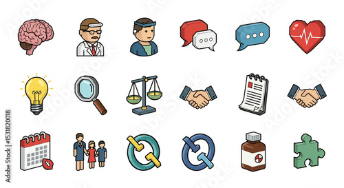 Vector Icons Set of Diverse pixelated icon set Brain doctor family medicine and business concepts. Vector Illustrations
