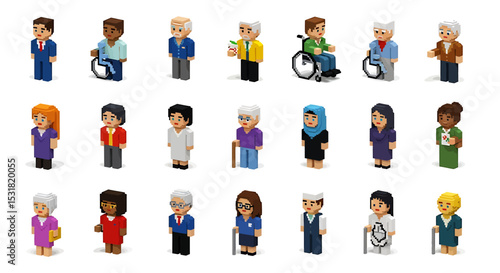 Vector Icons Set of Diverse pixelated people avatars including wheelchair users and various ethnicities. Vector Illustrations