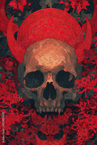 Skull horn red floral Japanese horror painting dark detailed emotional