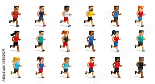 Vector Icons Set of Diverse pixelated runners in motion showcasing various ethnicities and athletic wear. Vector Illustrations