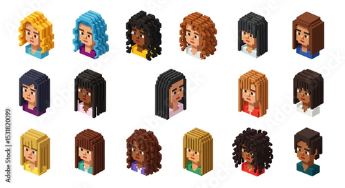 Vector Icons Set of Diverse Pixelated Women Portraits in Various Hairstyles. Vector Illustrations