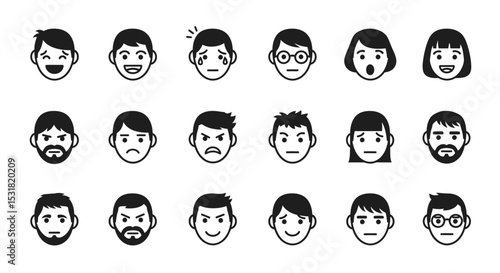 Vector Icons Set of Diverse Set of Simple Black and White Facial Expressions Icons. Vector Illustrations