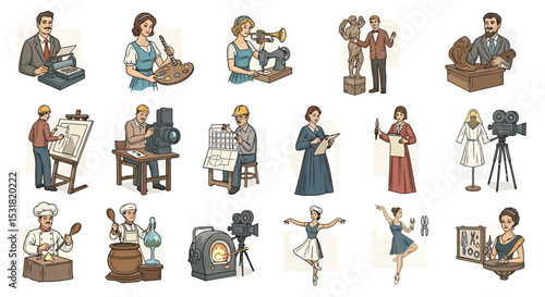 Vector Icons Set of Diverse vintage professions writer artist seamstress sculptor architect scientist chef dancer filmmaker. Vector Illustrations
