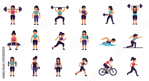 Vector Icons Set of Diverse Women Engaging in Various Fitness Activities and Exercises. Vector Illustrations
