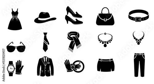 Vector Icons Set of Fashionable clothing and accessories collection Dress hat shoes bag belt jewelry and more. Vector Illustrations