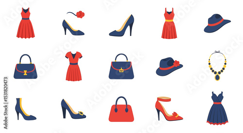 Vector Icons Set of Fashionable Dresses Handbags Hats Shoes and Necklace Collection in Red and Blue. Vector Illustrations