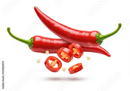 Two red chili peppers and slices isolated on white background © Vooglo.com