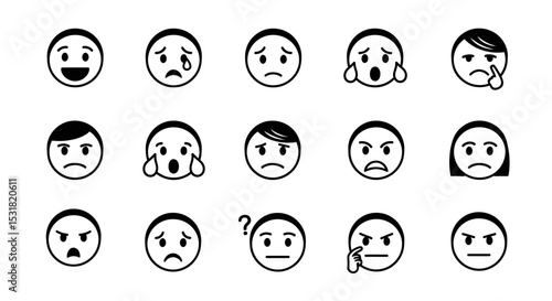 Vector Icons Set of Fifteen Unique Black and White Emoticons Displaying a Range of Human Emotions. Vector Illustrations