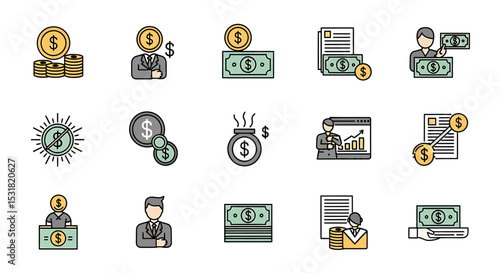 Vector Icons Set of Financial Icons Depicting Money Currency and Business Concepts in Various Forms. Vector Illustrations
