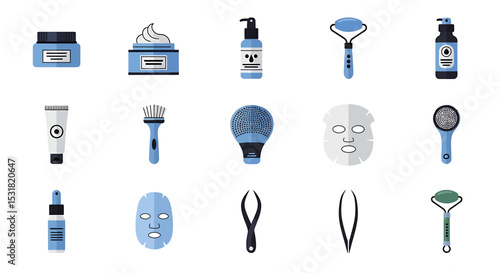 Vector Icons Set of Flat Lay Icon Set of Blue Skincare Products and Tools. Vector Illustrations