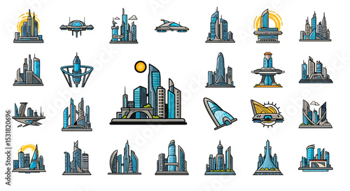 Vector Icons Set of Futuristic Cityscapes A Collection of Modern Architectural Designs and Flying Vehicles. Vector Illustrations