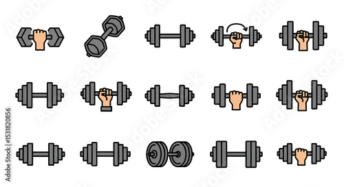 Vector Icons Set of Illustrated Dumbbell Icons Depicting Various Grips and Exercises. Vector Illustrations