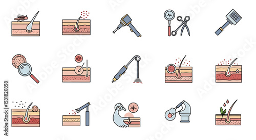 Vector Icons Set of Illustrated Dermatology Medical Procedures and Skin Treatment Icons. Vector Illustrations